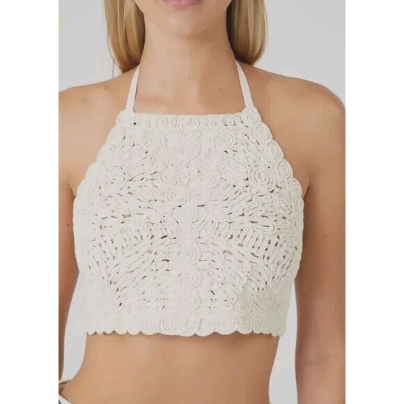 Zara Halter Top Women Size Medium Cream Floral Crochet 100% Cotton Ties NWT - Picture 4 of 15